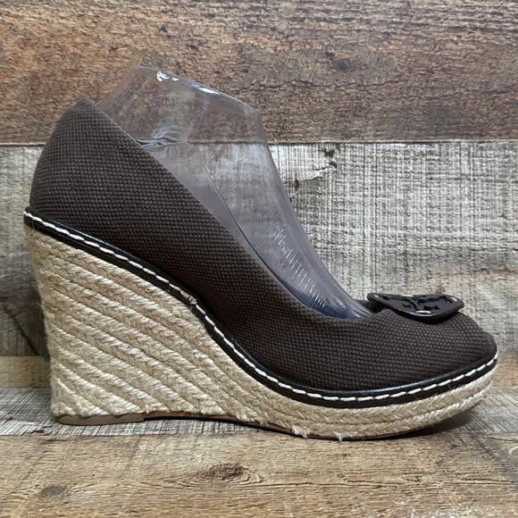 Tory Burch Jackie Brown Canvas Espadrille Wedge Peep Toe Heels Shoes Size 9.5 - Picture 3 of 12